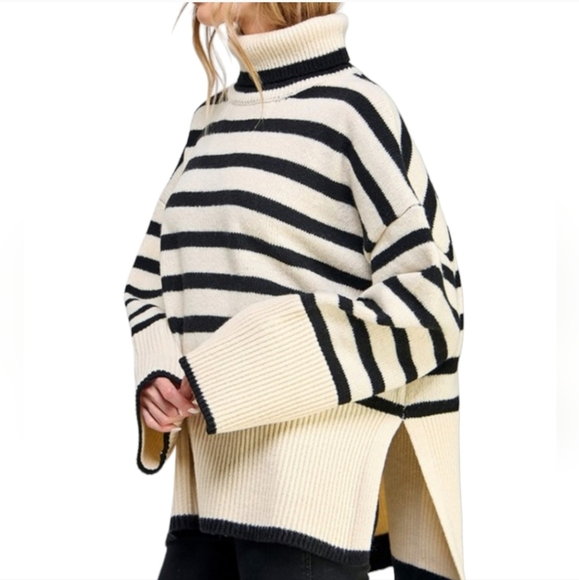 NEW Turtleneck Cowl Neck Stripe Knit Top Black Cream LARGE & Oversized - Picture 2 of 8